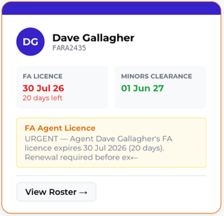 Agent licence card showing FA licence and minors clearance expiry dates