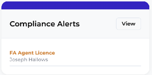 Compliance alerts panel flagging an FA agent licence